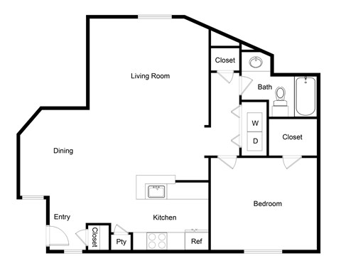 Floor plan for 1 bed, 1 bath, 750 sqft